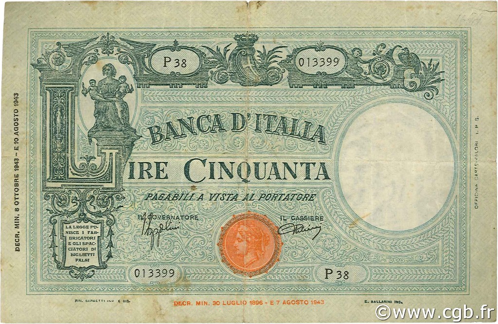 50 Lire ITALIE  1943 P.065 TB à TTB