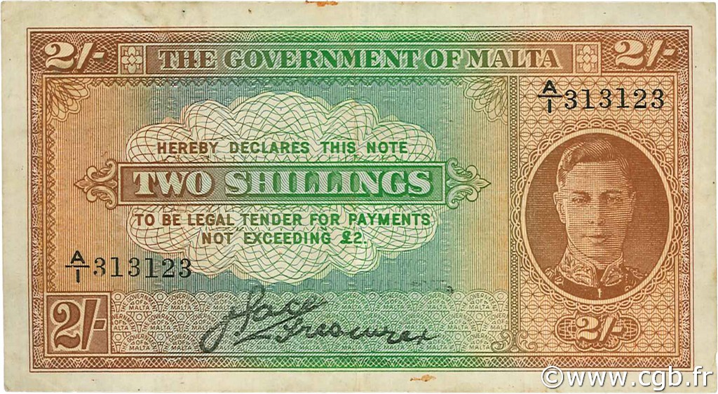 2 Shillings MALTE  1942 P.17a TTB