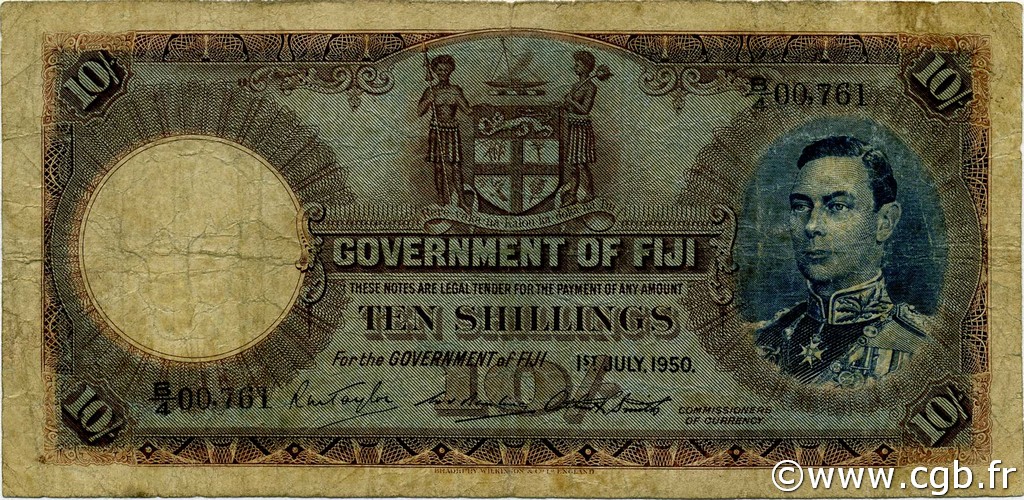 10 Shillings FIDJI  1950 P.038j B+
