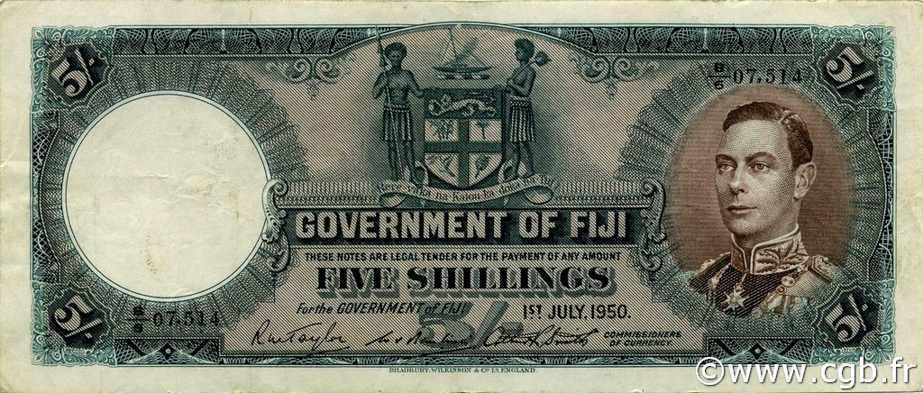 5 Shillings FIDJI  1950 P.037j TTB