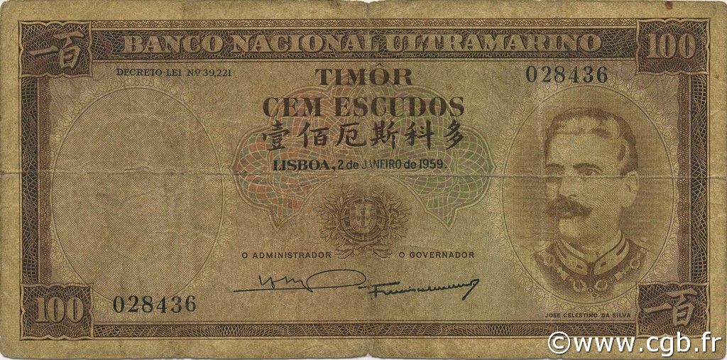 100 Escudos TIMOR  1959 P.24a B+