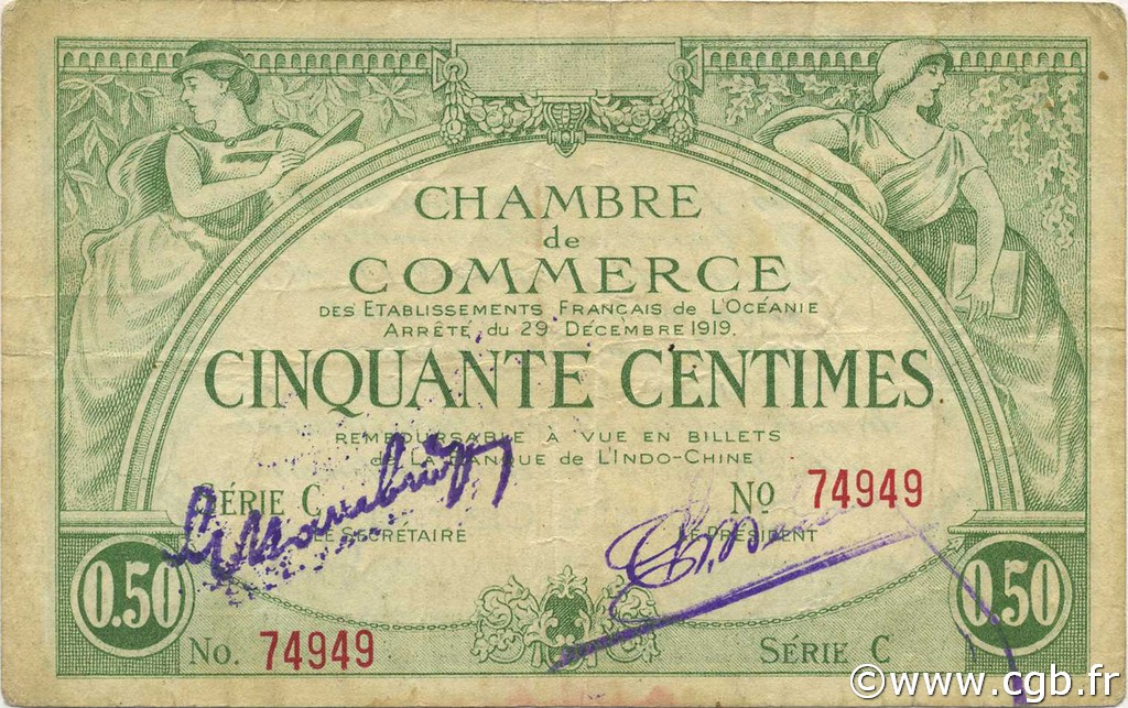 50 Centimes OCÉANIE  1919 P.02b TTB