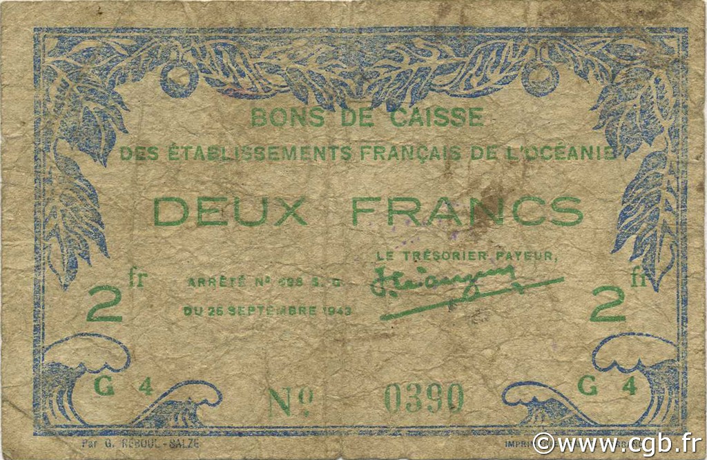2 Francs OCÉANIE  1943 P.12d B+