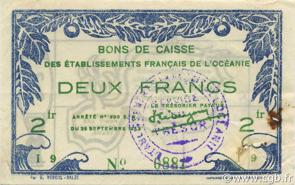 2 Francs OCÉANIE  1943 P.12a TTB+