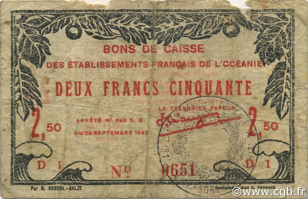2,5 Francs OCÉANIE  1943 P.13b TB