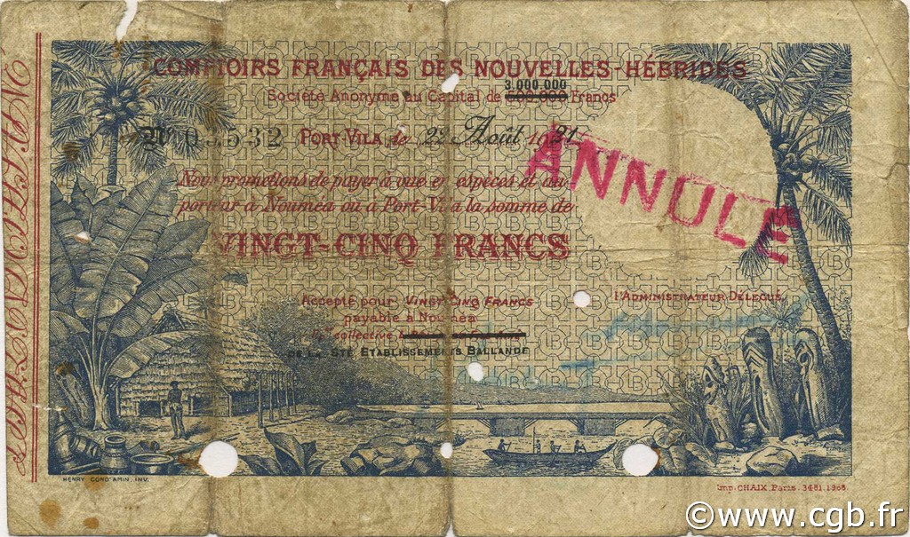 25 Francs Annulé NEW HEBRIDES  1921 P.A1 VG