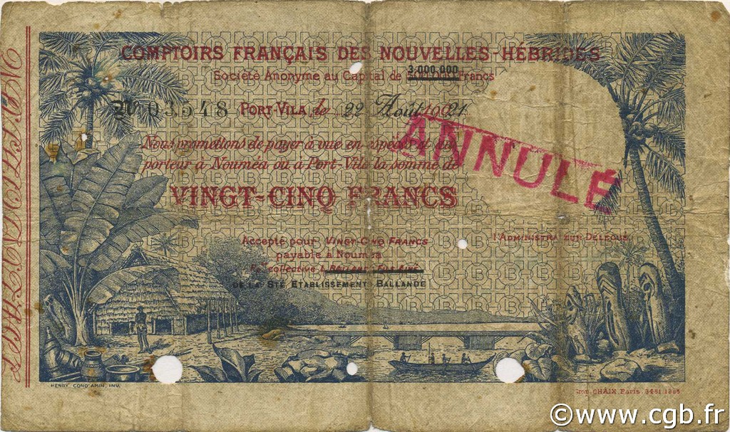 25 Francs Annulé NOUVELLES HÉBRIDES  1921 P.A1 B