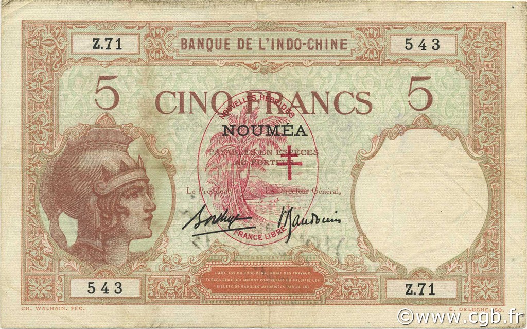 5 Francs NOUVELLES HÉBRIDES  1941 P.04b TB+