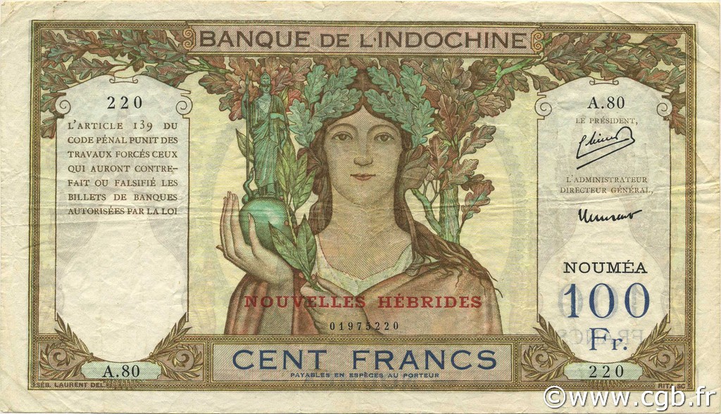 100 Francs NOUVELLES HÉBRIDES  1941 P.10b TTB