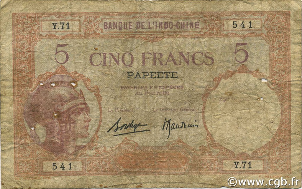 5 Francs TAHITI  1936 P.11c AB