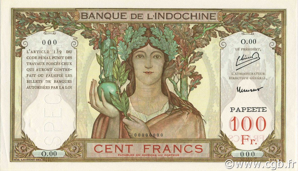 100 Francs Spécimen TAHITI  1952 P.14bs NEUF