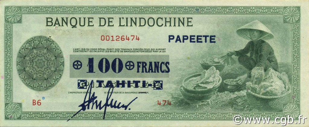 100 Francs TAHITI  1943 P.17b SUP+