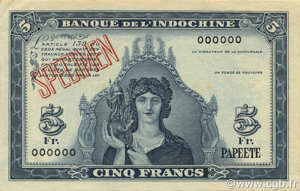 5 Francs Spécimen TAHITI  1944 P.19s pr.NEUF
