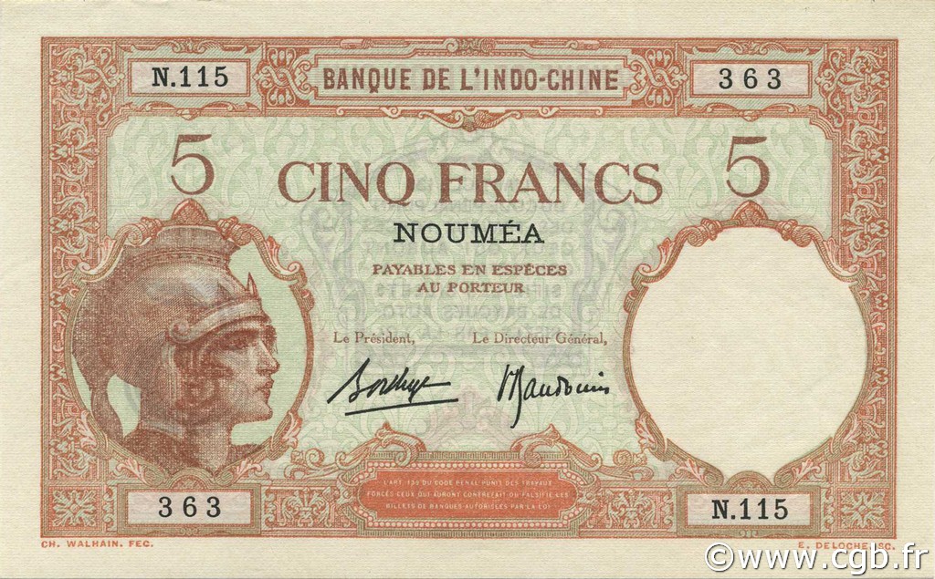 5 Francs NOUVELLE CALÉDONIE  1936 P.36b SPL