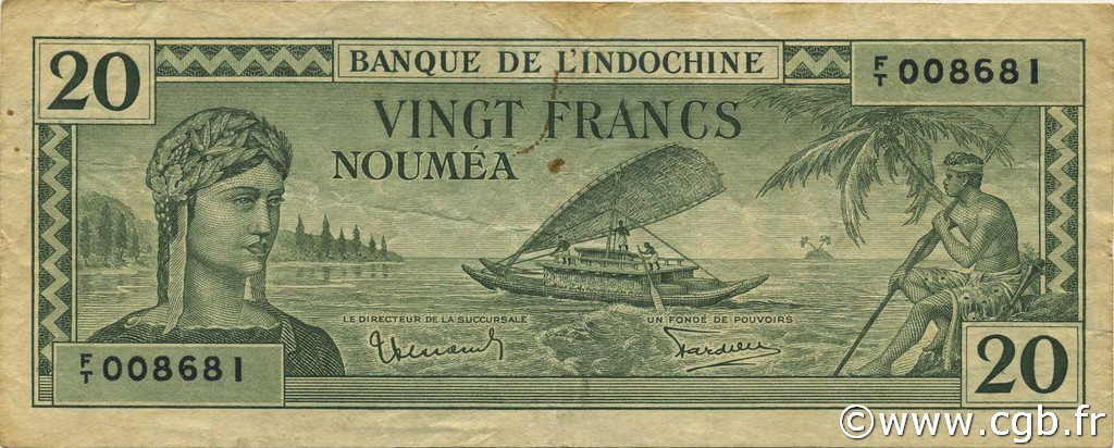 20 Francs NOUVELLE CALÉDONIE  1944 P.49 TTB
