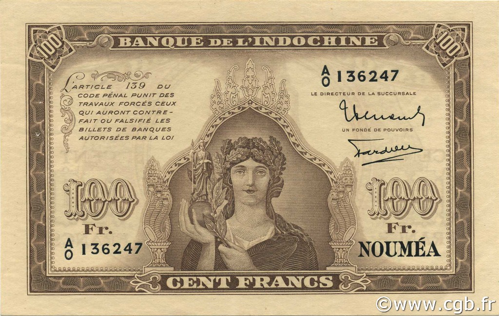 100 Francs NOUVELLE CALÉDONIE  1942 P.44 SUP à SPL