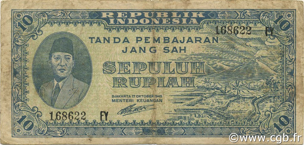10 Rupiah INDONÉSIE  1945 P.019 pr.TTB