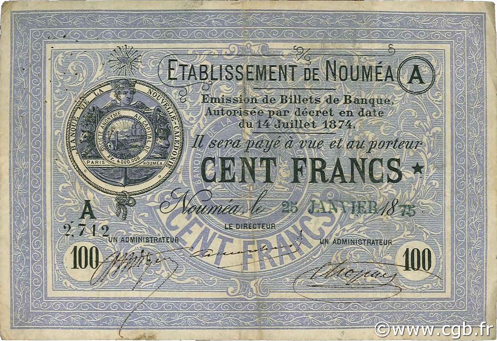 100 Francs NOUVELLE CALÉDONIE Nouméa 1875 P.08 TB
