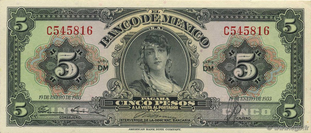 5 Pesos MEXIQUE  1953 P.057a SUP