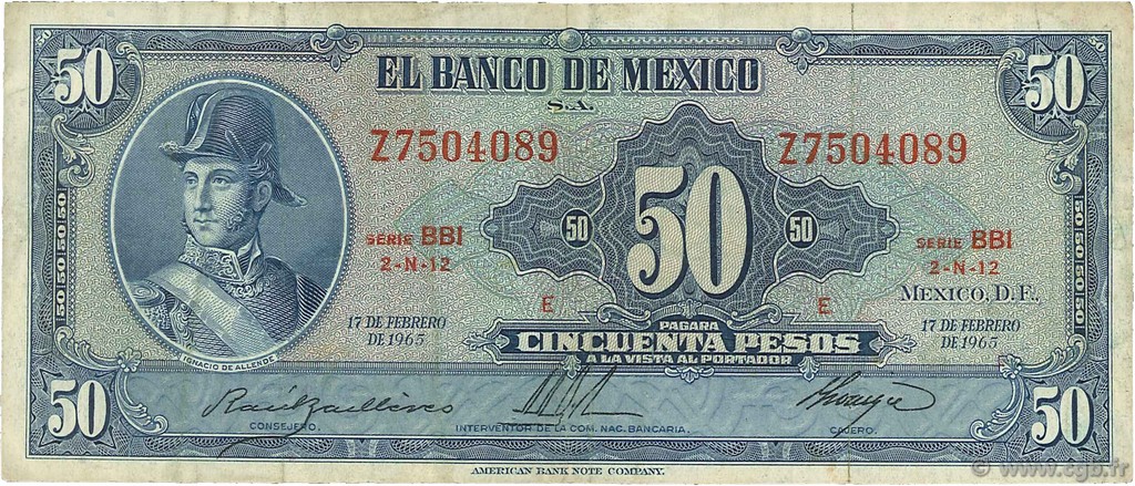 50 Pesos MEXIQUE  1965 P.049p TB+