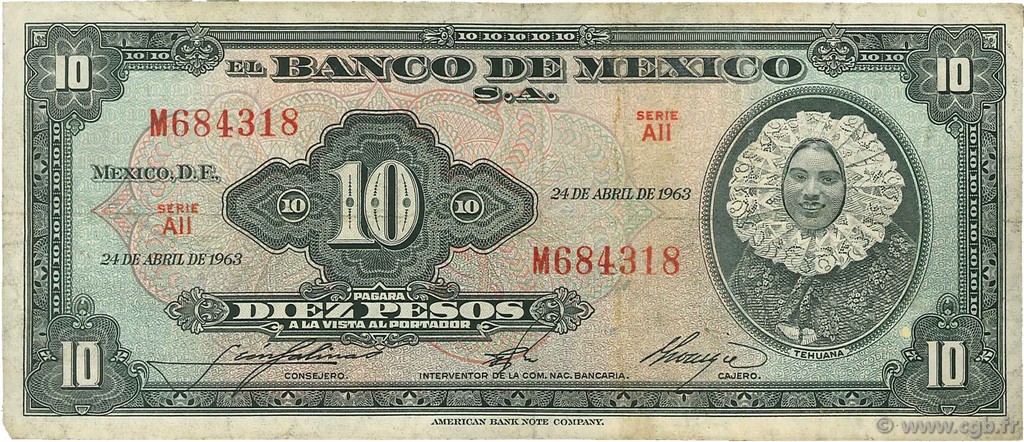 10 Pesos MEXIQUE  1963 P.058j B+