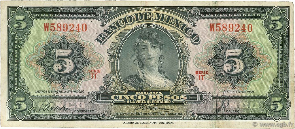 5 Pesos MEXIQUE  1959 P.060e TB+
