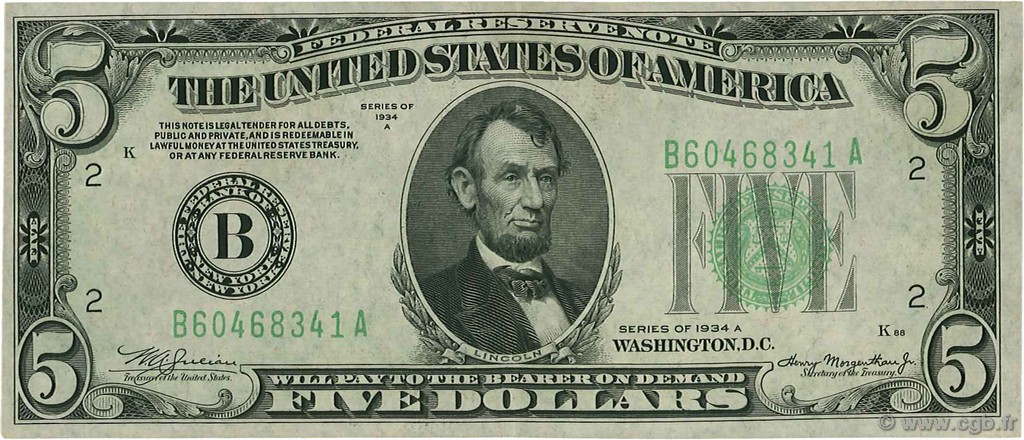 5 Dollars ÉTATS-UNIS D AMÉRIQUE New York 1934 P.429Da pr.SUP