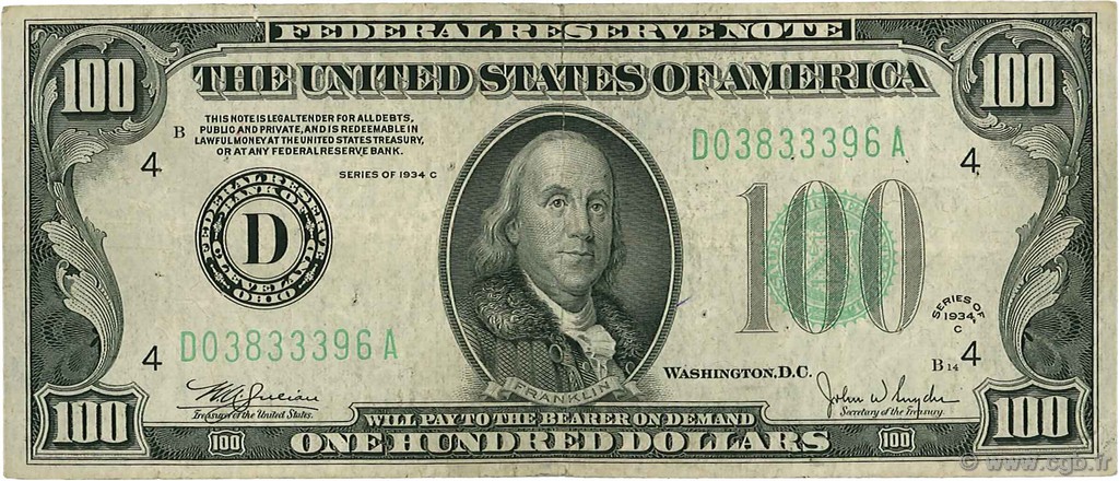 100 Dollars ÉTATS-UNIS D AMÉRIQUE Cleveland 1934 P.433Dc pr.TTB