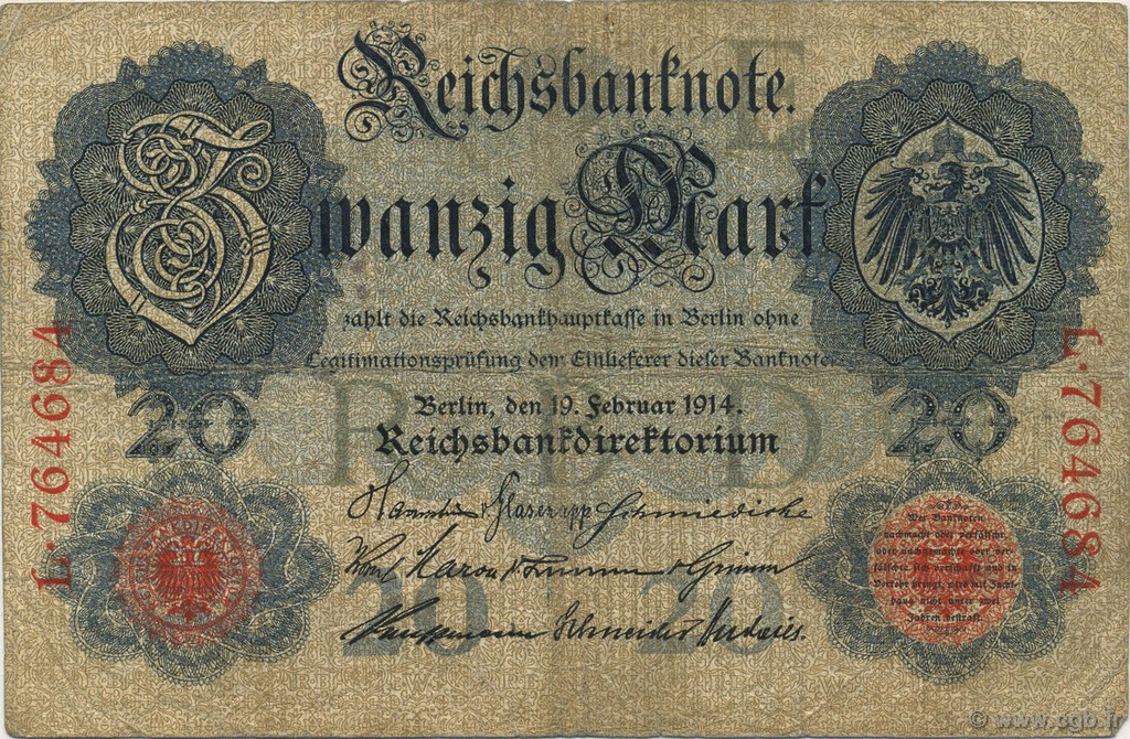 20 Mark GERMANY  1914 P.046a F