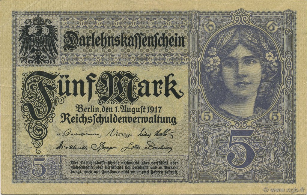 5 Mark GERMANY  1917 P.056b UNC-