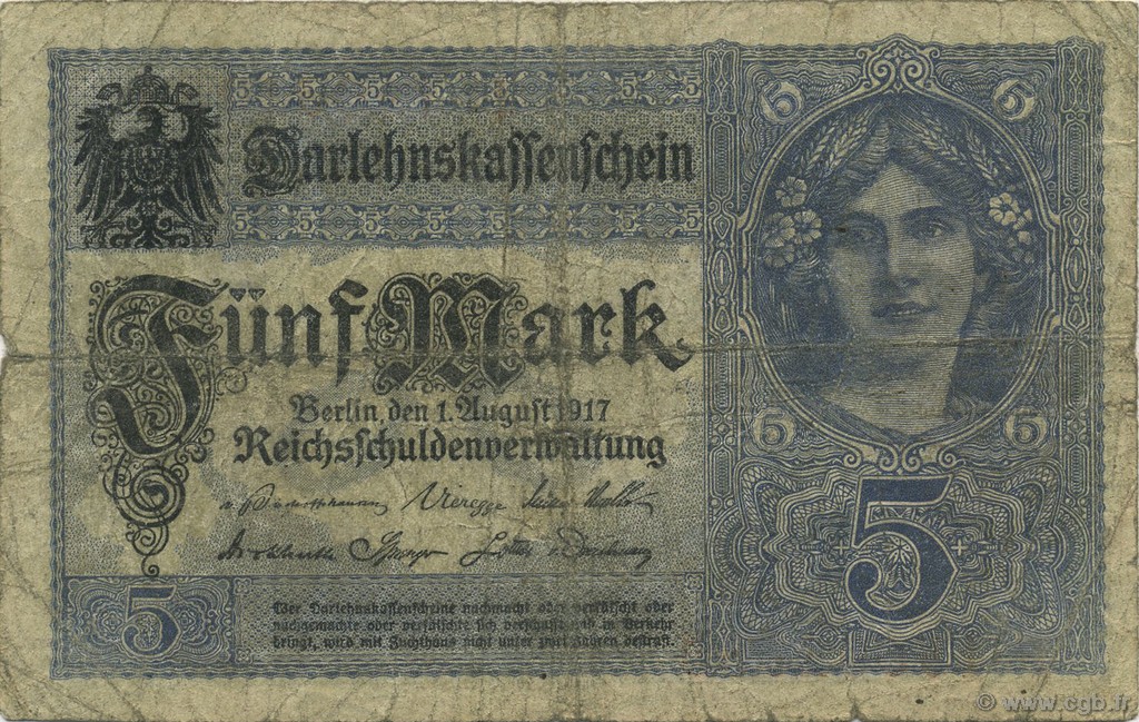 5 Mark GERMANY  1917 P.056b G