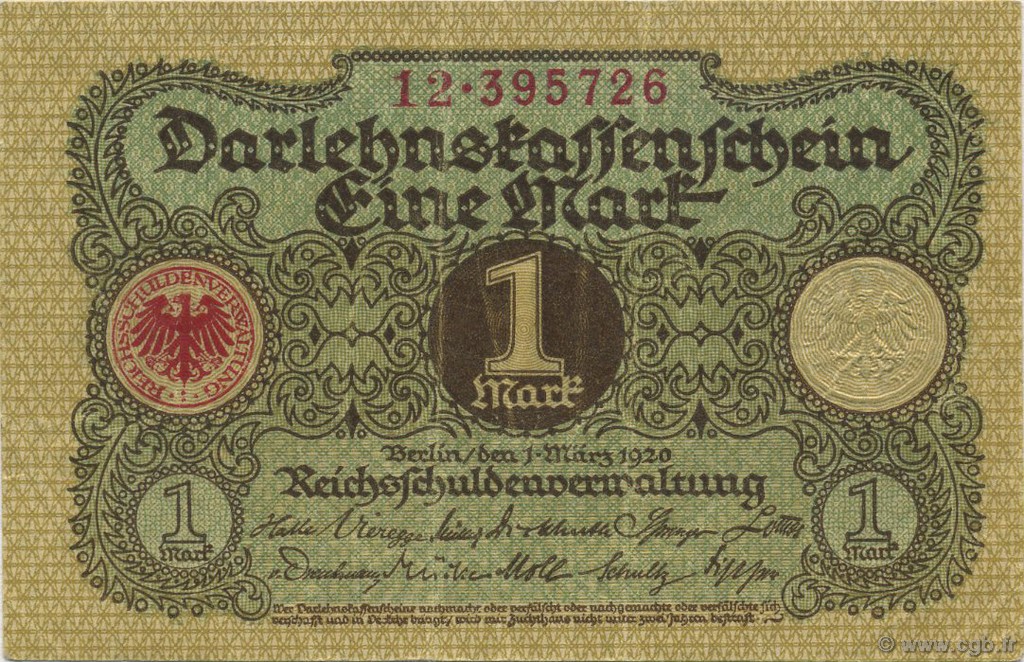 1 Mark GERMANY  1920 P.058 VF
