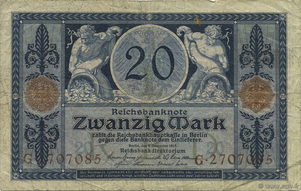 20 Mark GERMANY  1915 P.063 VF
