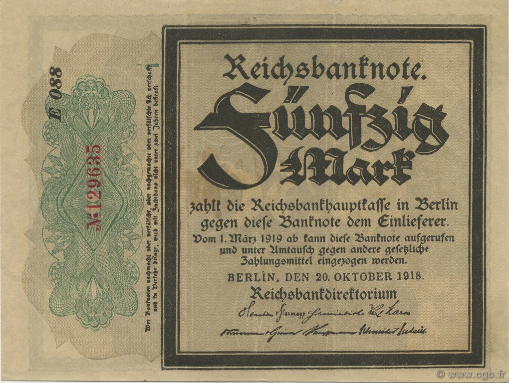 50 Mark GERMANY  1918 P.064c AU