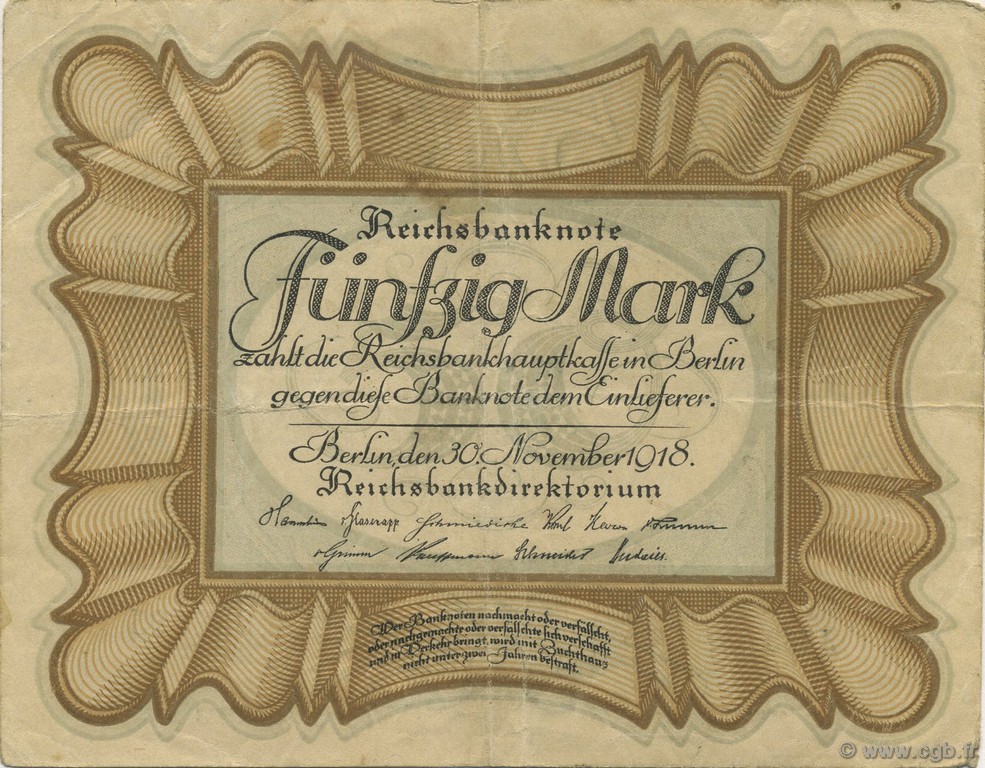50 Mark GERMANY  1918 P.065 VF+