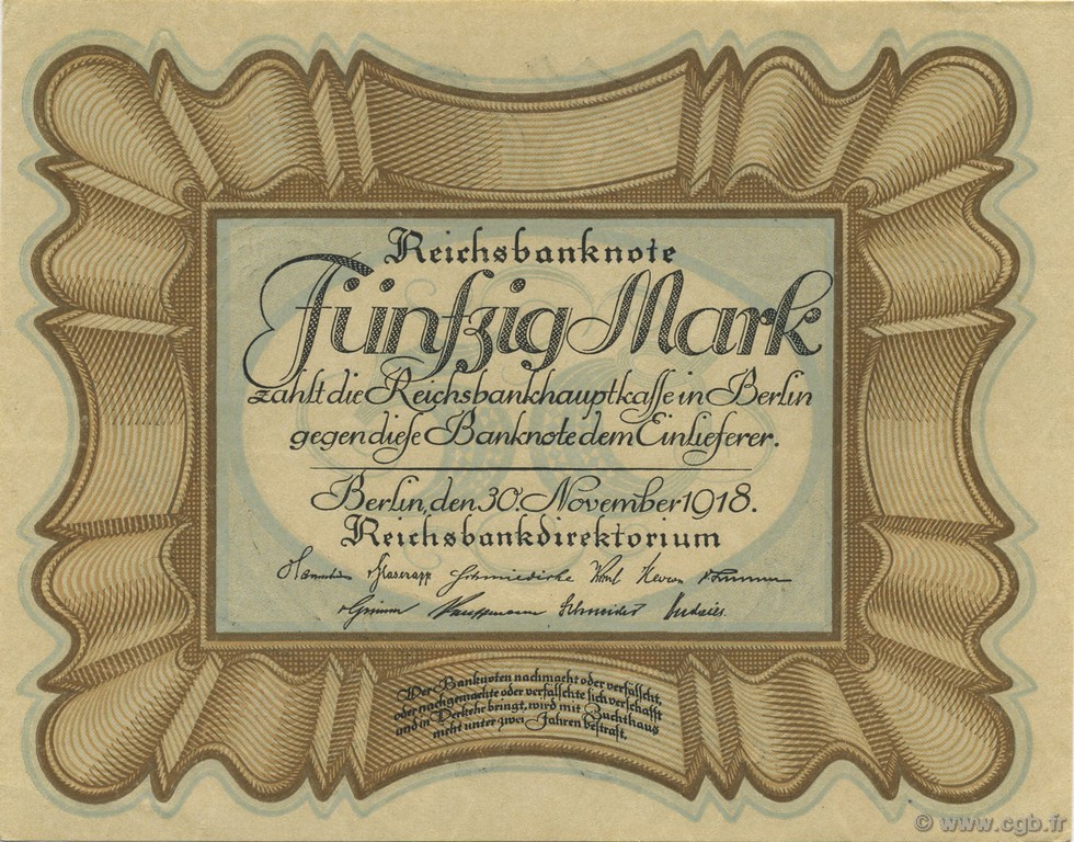 50 Mark GERMANY  1918 P.065 AU