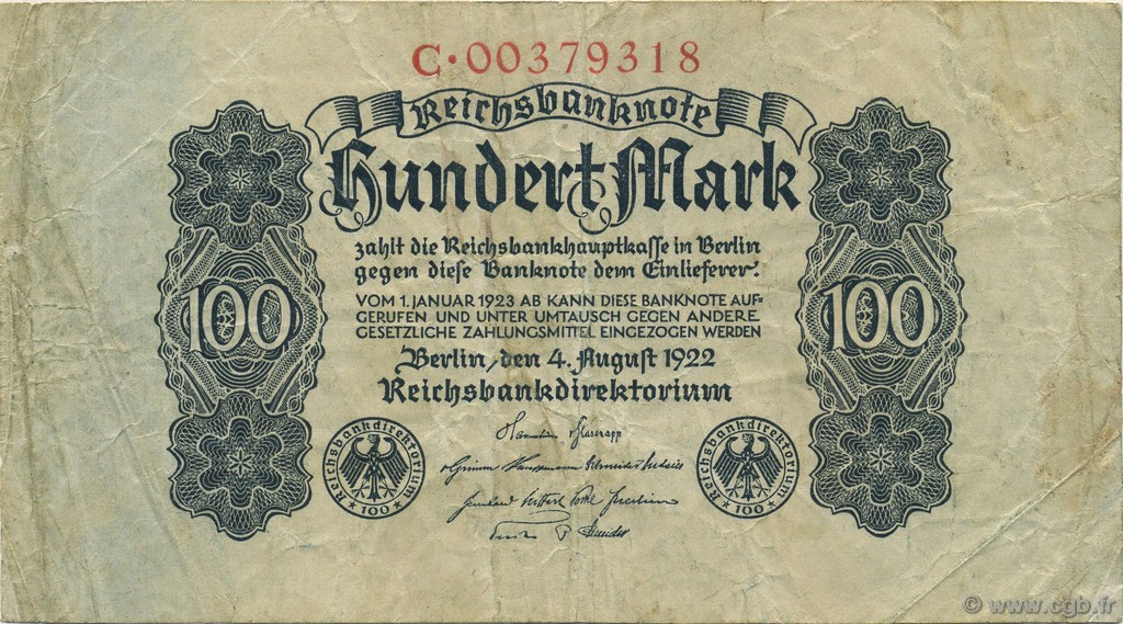 100 Mark GERMANY  1922 P.075 F