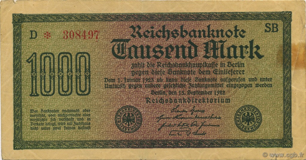 1000 Mark GERMANY  1922 P.076b F