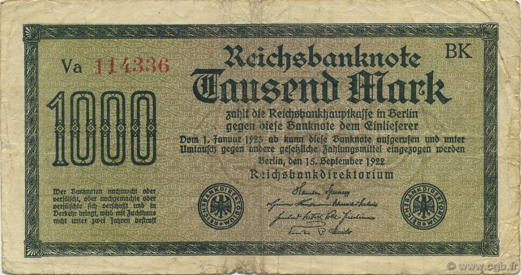 1000 Mark GERMANY  1922 P.076c VF-