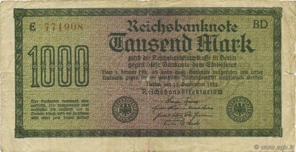 1000 Mark GERMANY  1922 P.076c F
