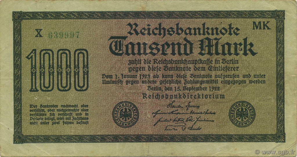 1000 Mark GERMANY  1922 P.076h VF