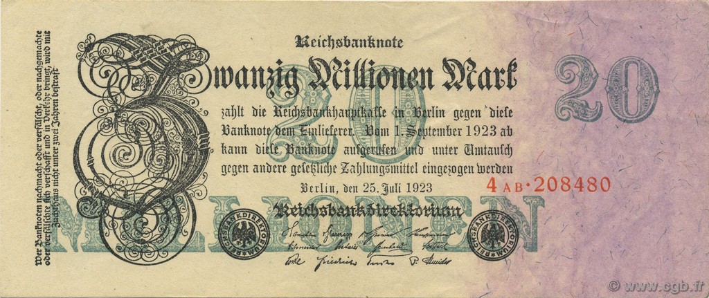 20 Millions Mark GERMANY  1923 P.097b XF