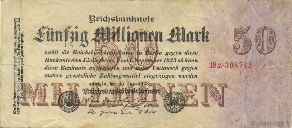 50 Millions Mark GERMANY  1923 P.098b var VF