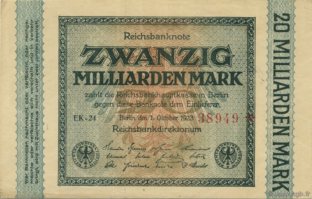 20 Milliards Mark GERMANY  1923 P.118a XF+