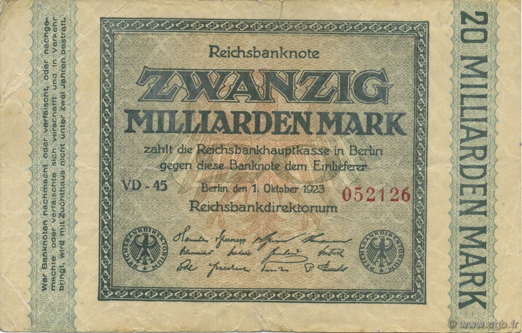 20 Milliards Mark GERMANY  1923 P.118f F - VF
