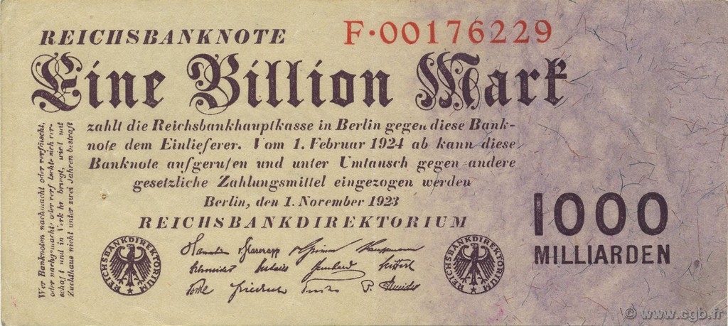 1 Billion Mark GERMANY  1923 P.129 XF