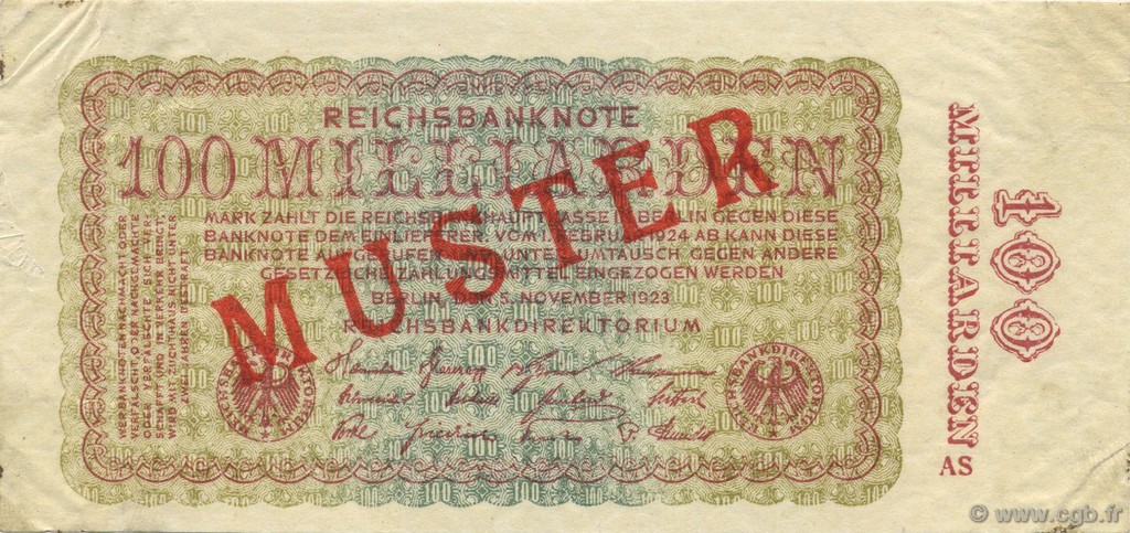 100 Milliards Mark Spécimen GERMANIA  1923 P.133s SPL