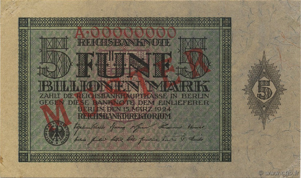 5 Billions Mark Spécimen ALLEMAGNE  1924 P.141s SUP+