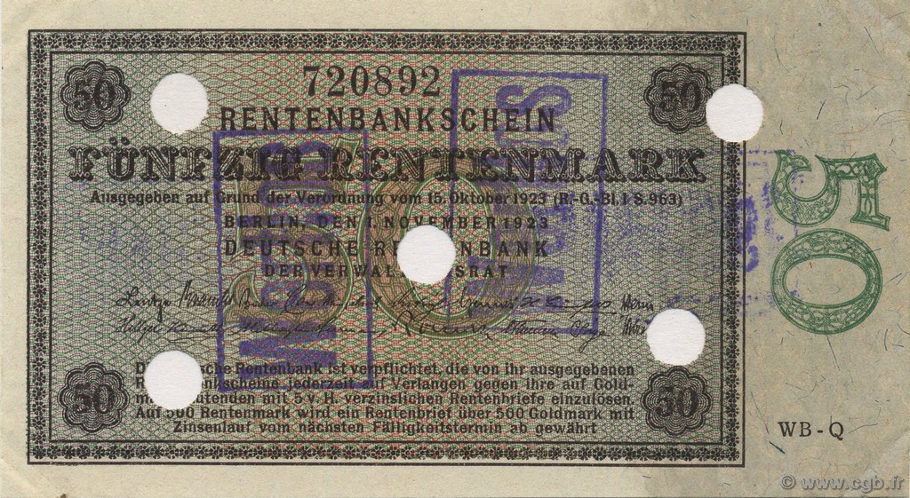 50 Rentenmark Annulé ALLEMAGNE  1923 P.165s SPL