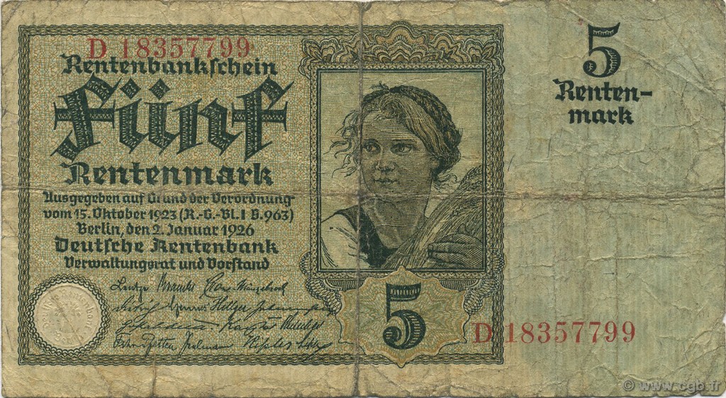5 Rentenmark GERMANIA  1926 P.169 B